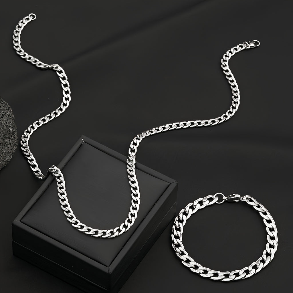 Conjunto de joias masculinas em aço inoxidável, corrente cubana de 50 cm, pulseira com relevo
