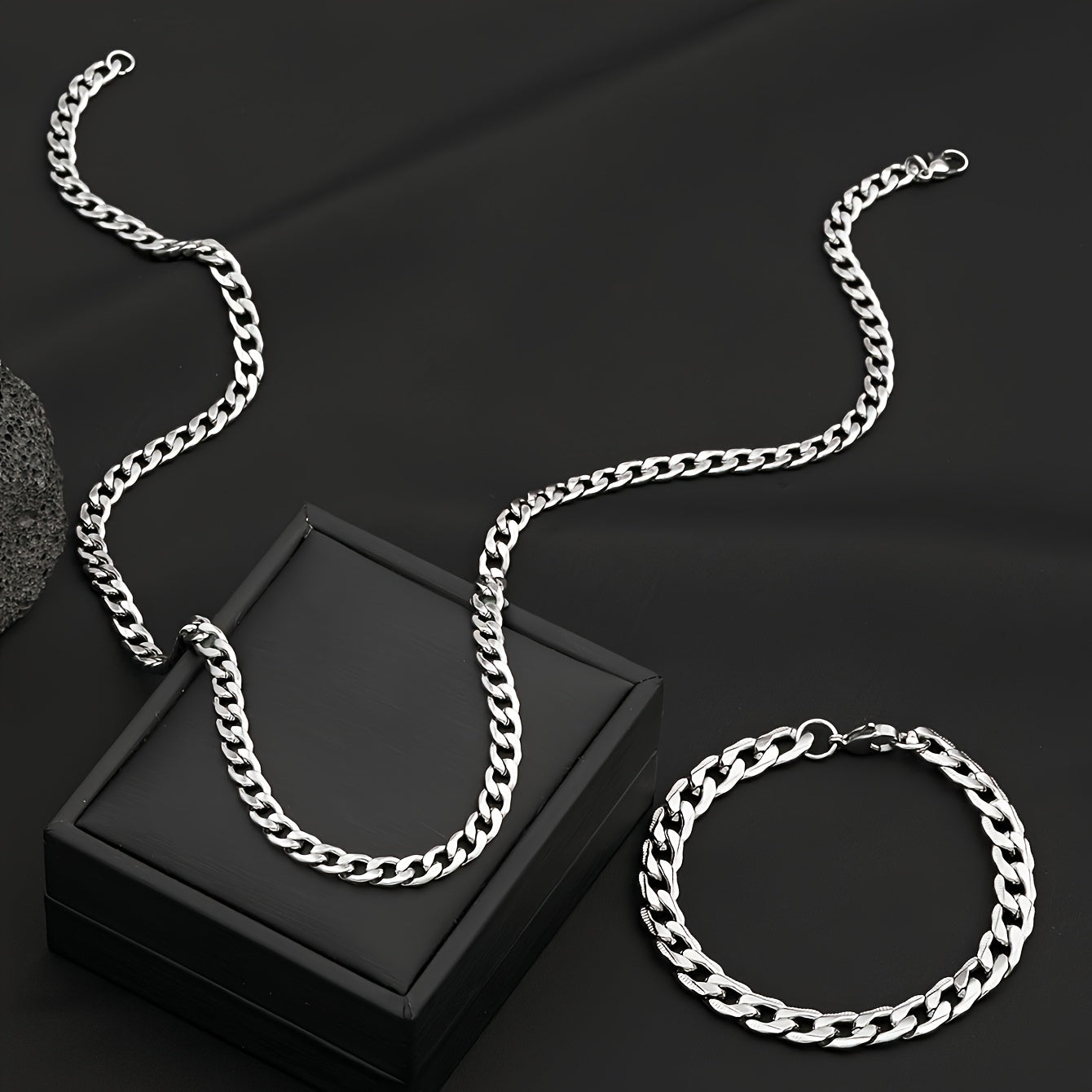 Conjunto de joias masculinas em aço inoxidável, corrente cubana de 50 cm, pulseira com relevo