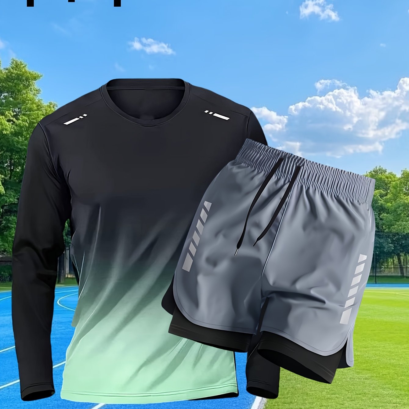 Conjunto Esportivo Masculino 2 Peças – Blusa de Manga Comprida + Shorts Justos de Camada Dupla