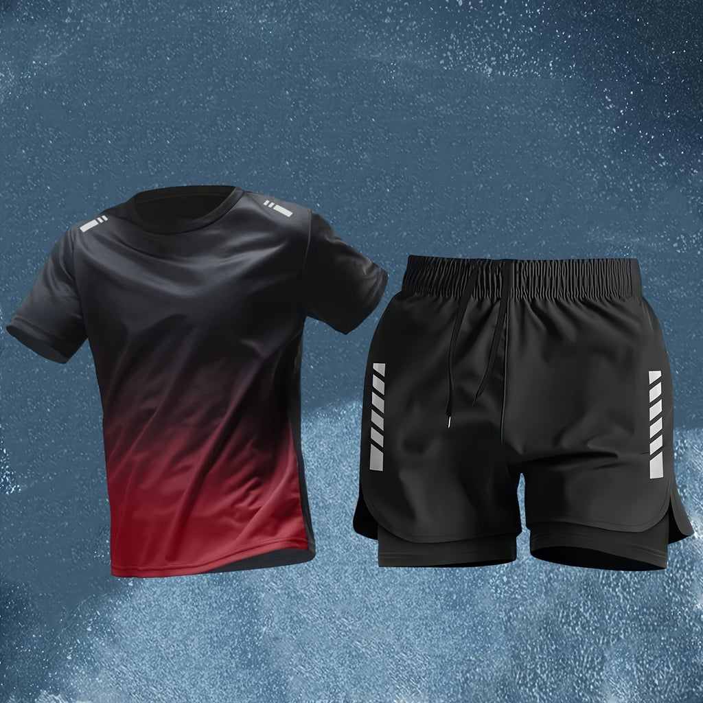 Conjunto Esportivo Masculino 2 Peças – Camiseta de Manga Curta + Bermuda Justa de Camada Dupla