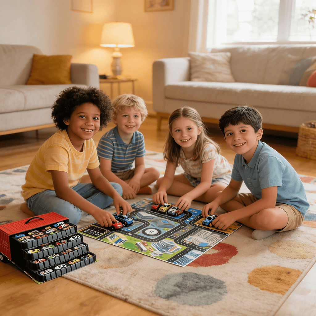 48 carrinhos de metal com marcha à ré - Mapa da cidade com trilhos duplos e estacionamento, presente