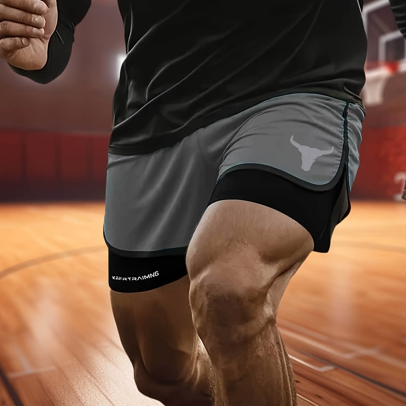 Calções de treino masculinos de secagem rápida e respiráveis com uma moderna estampa de cabeça de touro, perfeitos para praia e atividades físicas.