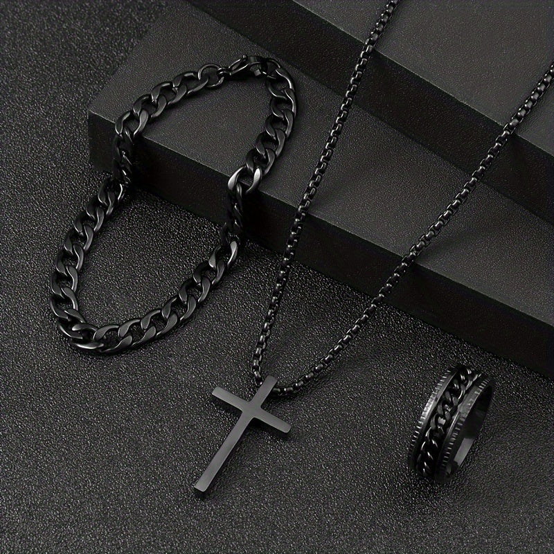 Conjunto de 3 peças de joias em aço inoxidável da série Dark, elegantes e versáteis, com cruzes