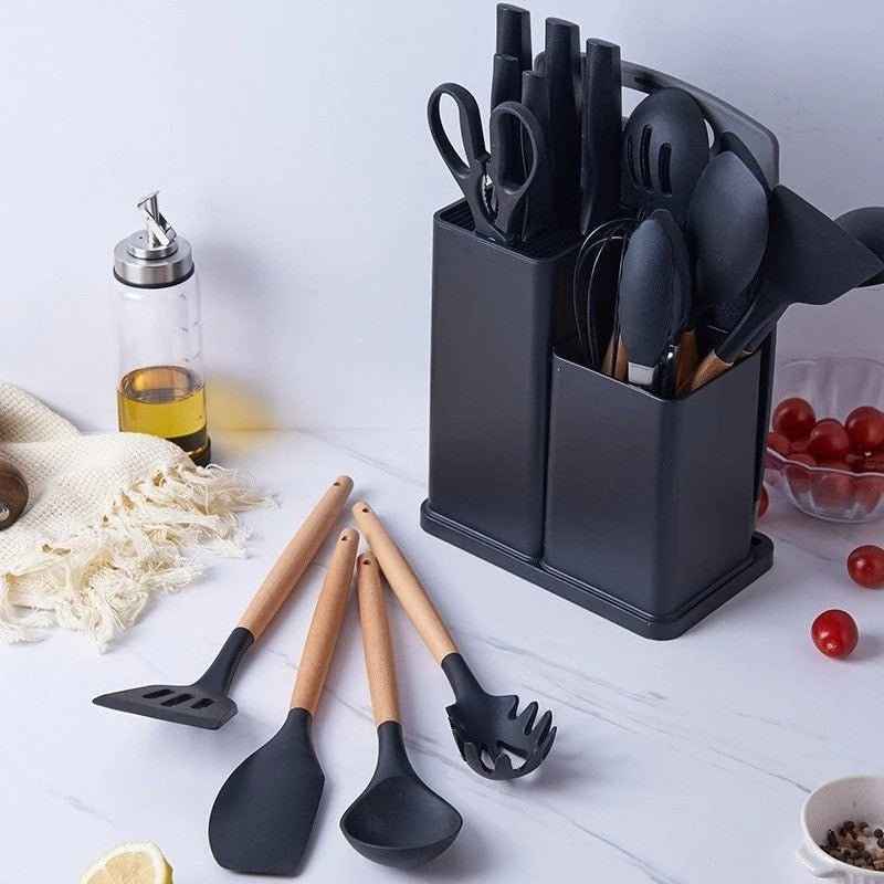 Jogo completo de utensílios de cozinha de luxo com 19 peças, incluindo tabuleiro de silicone, espátula, faca e tesoura.