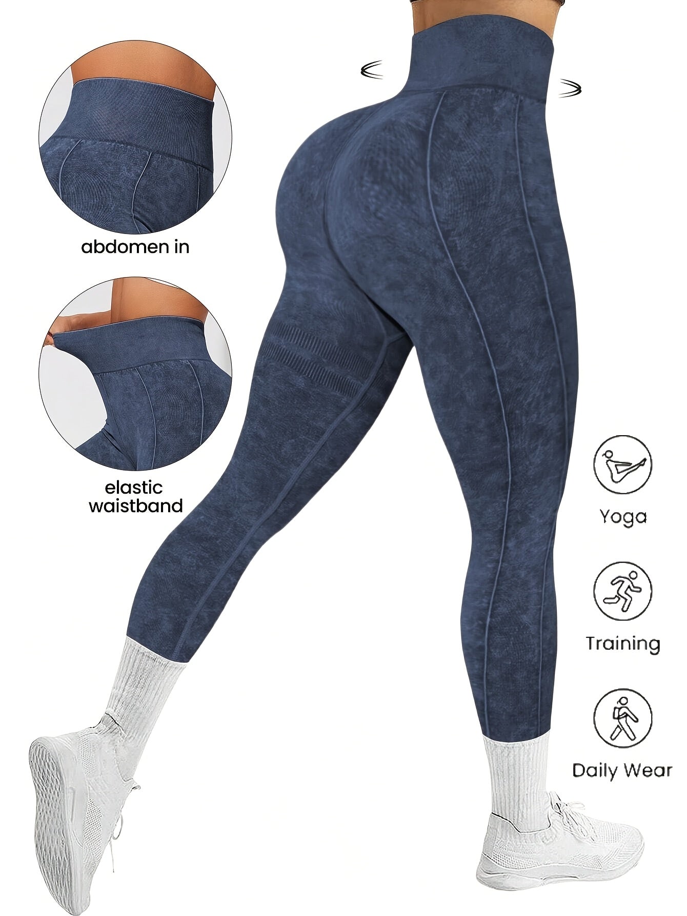 Leggings femininas estilosas e sem costura para a primavera e o verão de 2026, com lavagem que imita jeans. Altamente elásticas, confortáveis, respiráveis e com cintura alta para levantar o bumbum e modelar a silhue