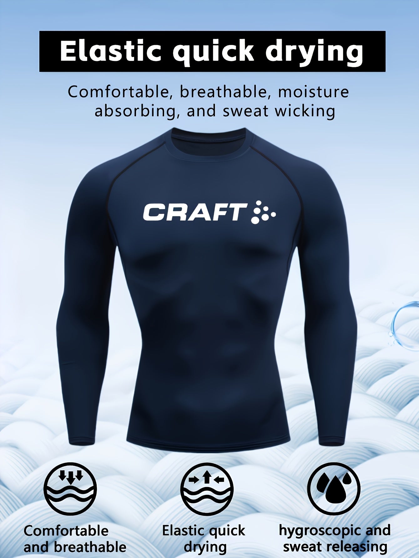 Camiseta de compressão masculina de manga comprida de alto desempenho CRAFT | Tecido de malha com gola redonda, secagem rápida, respirável e com absorção de umidade, ideal para fitness, corrida, boxe e uso casual. Leve e