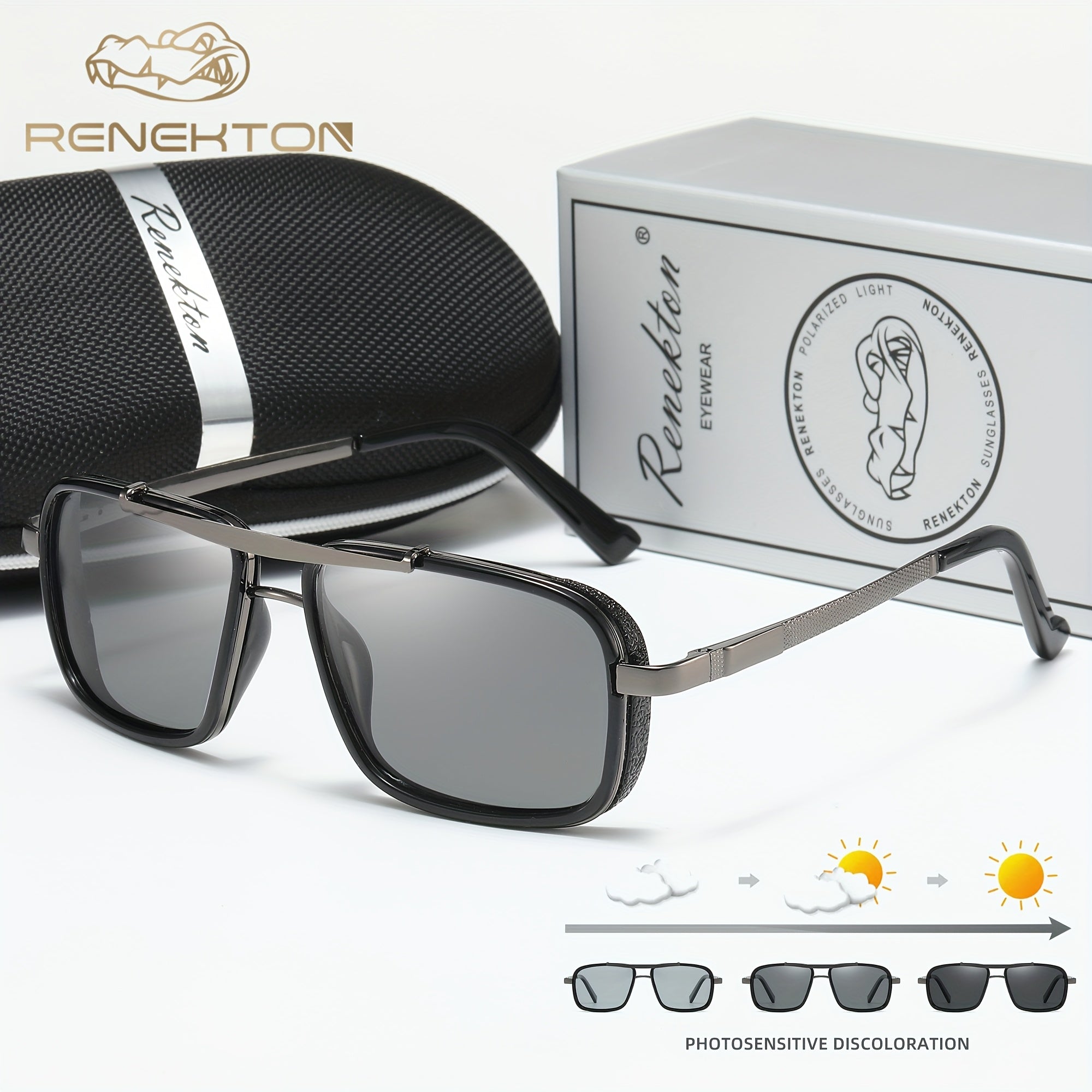 Óculos de Sol Masculinos RENEKTON com Lentes Polarizadas - Armação Quadrada - Aço Inoxidável, Lentes TAC - Inclui Estojo Preto Elegante, Renekton