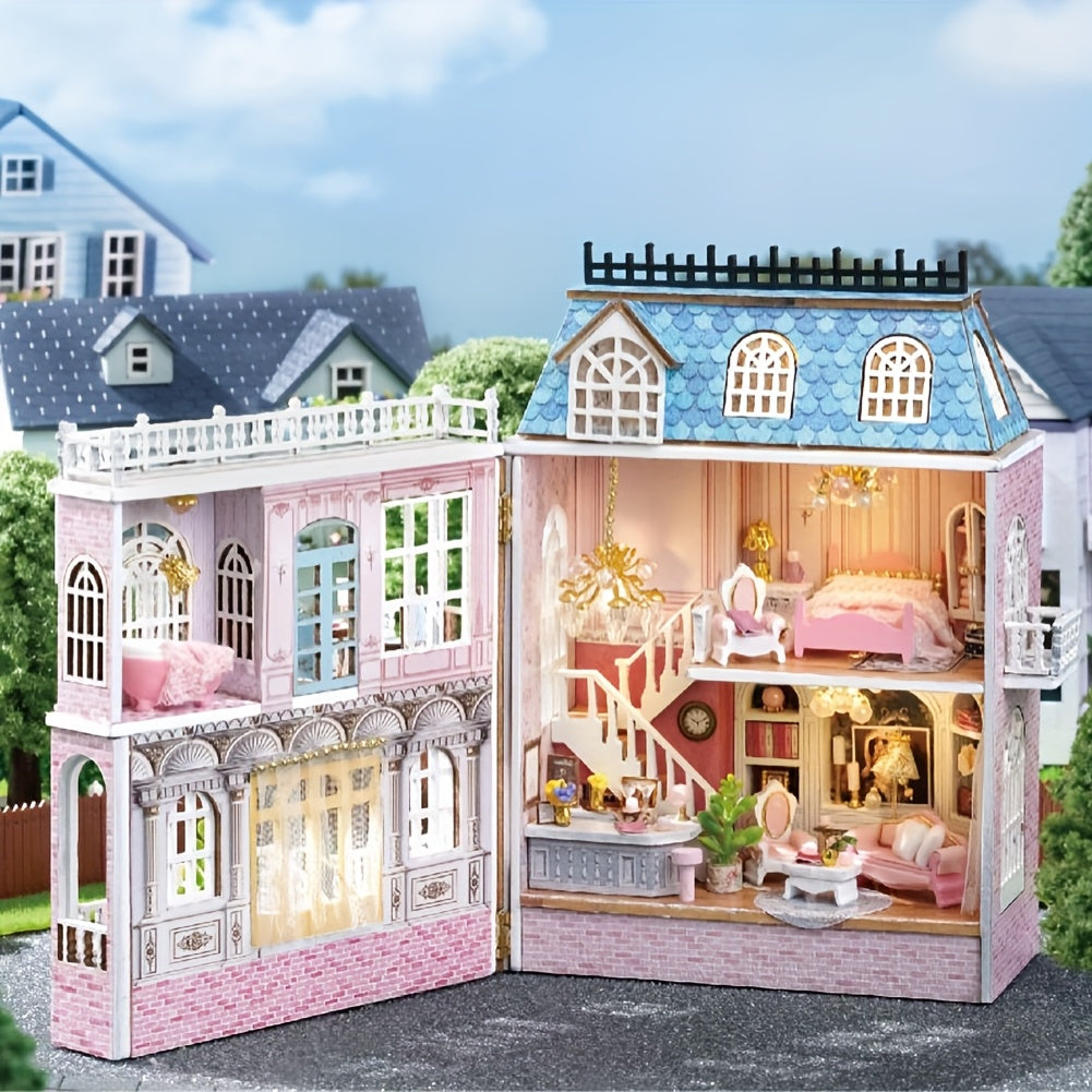 Casa de bonecas DIYMNHAUS com mobília - Modelo de madeira feito à mão, ideal para crianças e adolescentes,  casa em miniatura rosa para montar (sem cola/pilhas).