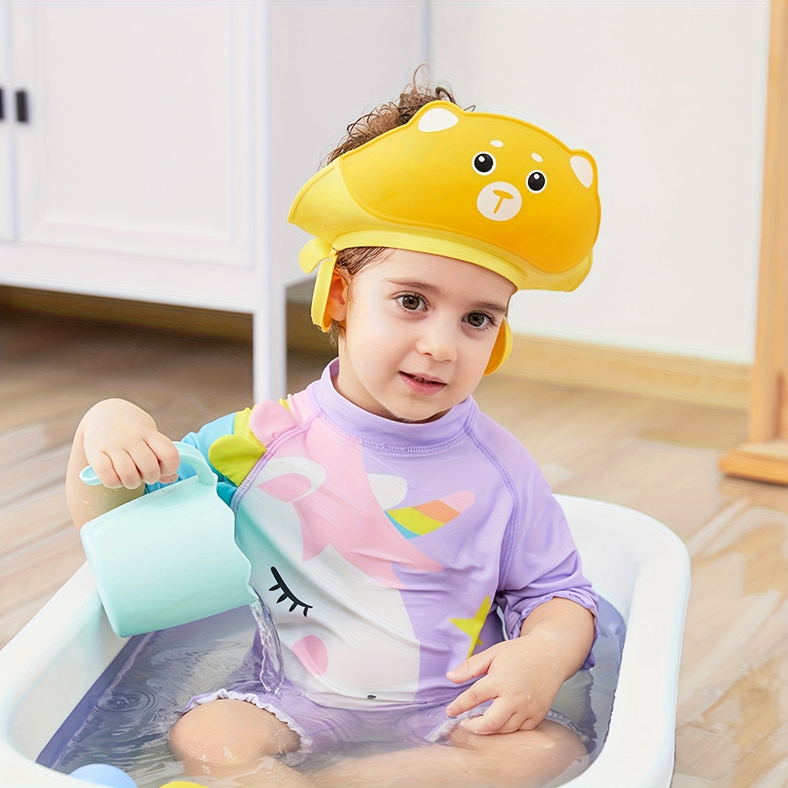 Touca de Banho Infantil Fofa com Estampa de Gato e Urso, Design de 3 Camadas e Sistema de Ventilação para as Orelhas - Cores Pastel Suaves (Rosa, Azul, Amarelo, Branco, Bege) - Touca de Banho para Bebê para Banheira, Spa e