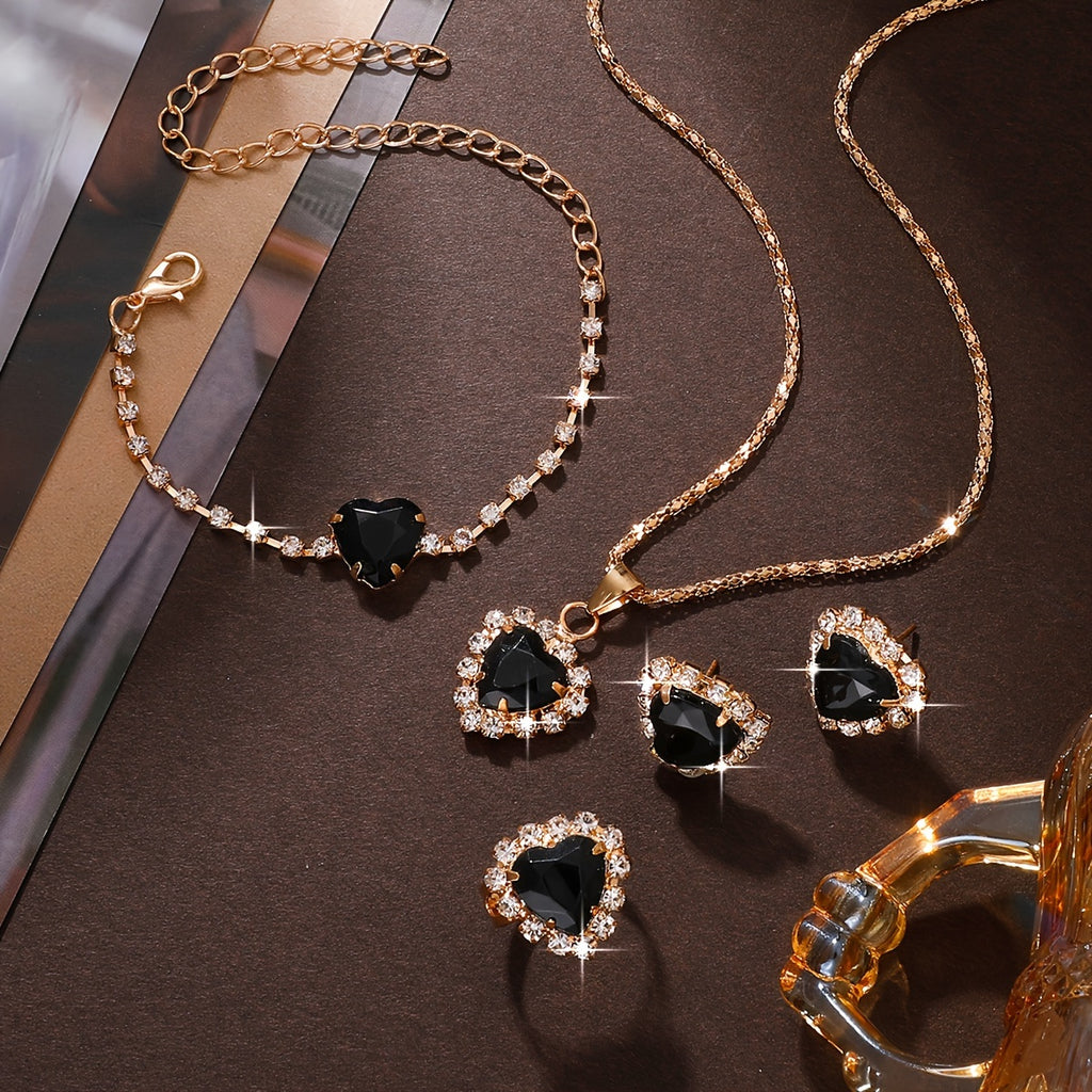 Conjunto de joias femininas estilo férias com 5 peças: 1 colar, 1 pulseira, 1 anel e 2 brincos