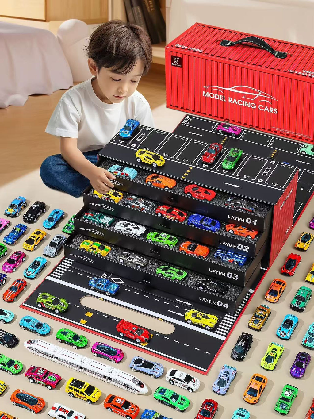 48 carrinhos de metal com marcha à ré - Mapa da cidade com trilhos duplos e estacionamento, presente