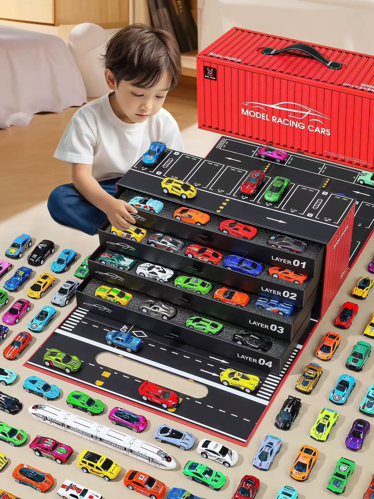 48 carrinhos de metal com marcha à ré - Mapa da cidade com trilhos duplos e estacionamento, presente