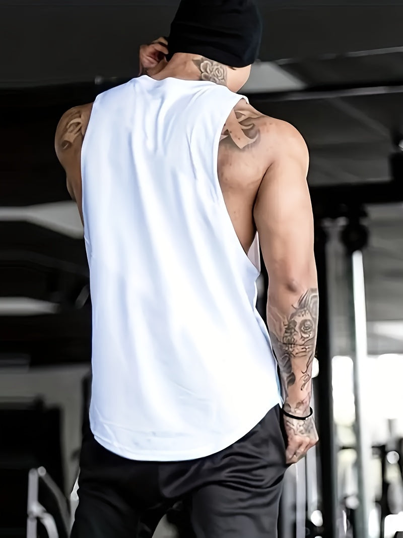 Camiseta regata masculina lisa, de secagem rápida, levemente elástica, com gola redonda e sem mangas. Ideal para academia, treinos e exercícios físicos.