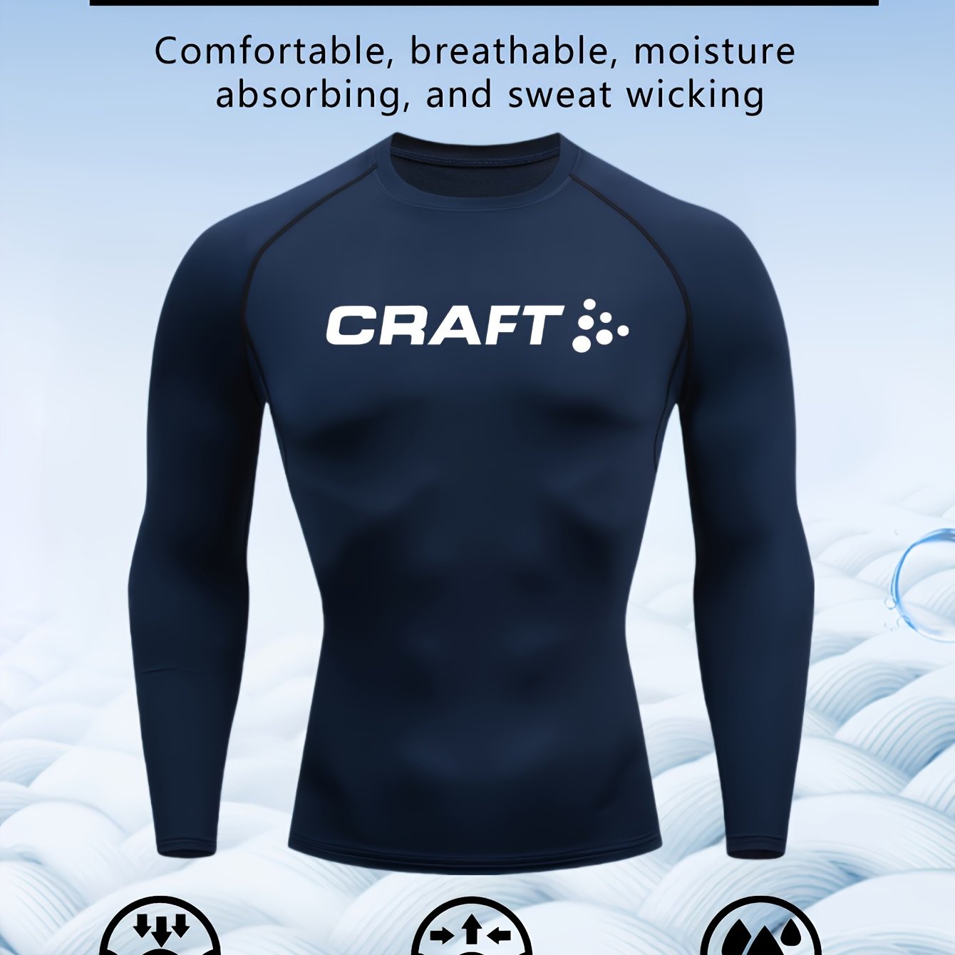 Camiseta de compressão masculina de manga comprida de alto desempenho CRAFT | Tecido de malha com gola redonda, secagem rápida, respirável e com absorção de umidade, ideal para fitness, corrida, boxe e uso casual. Leve e