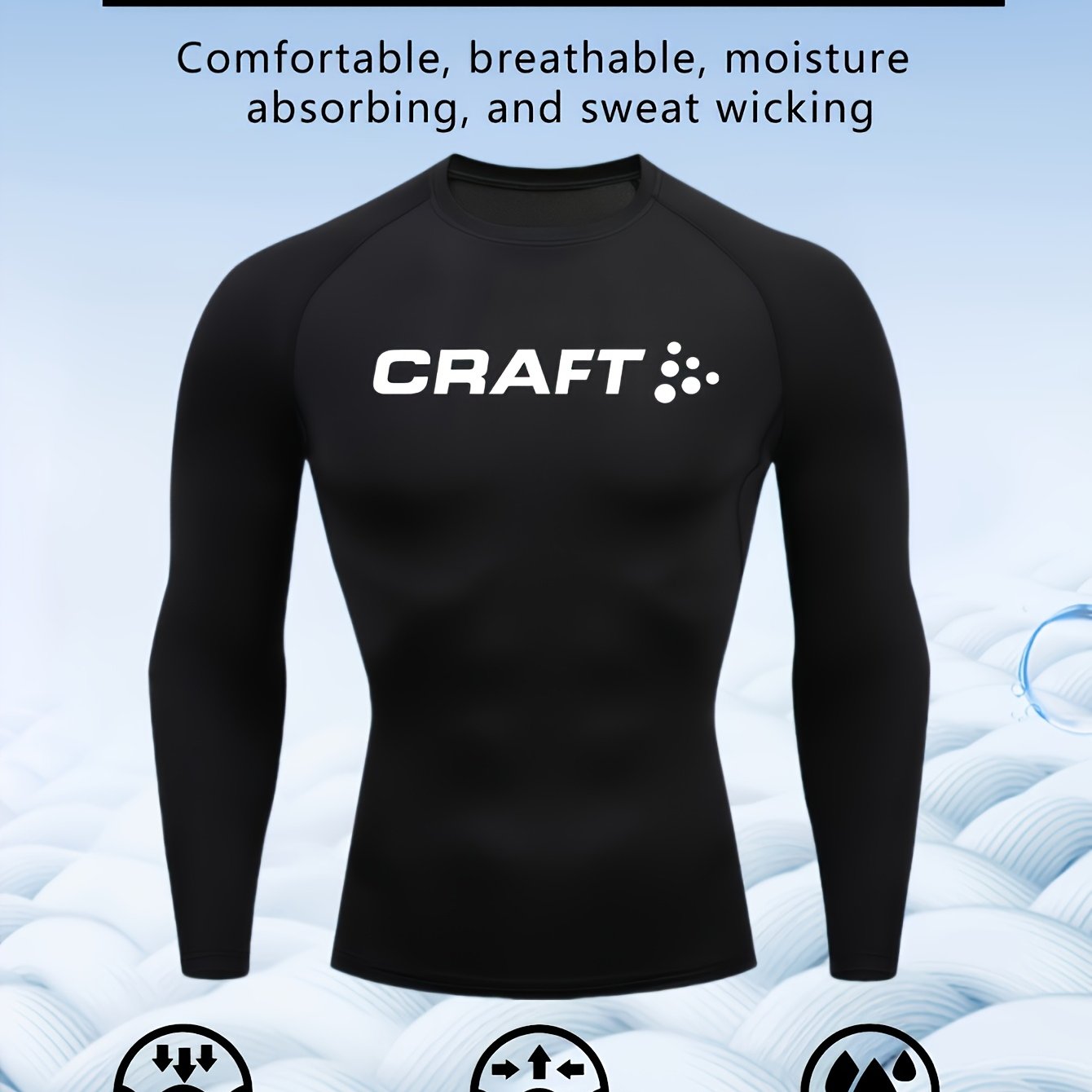 Camiseta de compressão masculina de manga comprida de alto desempenho CRAFT | Tecido de malha com gola redonda, secagem rápida, respirável e com absorção de umidade, ideal para fitness, corrida, boxe e uso casual. Leve e