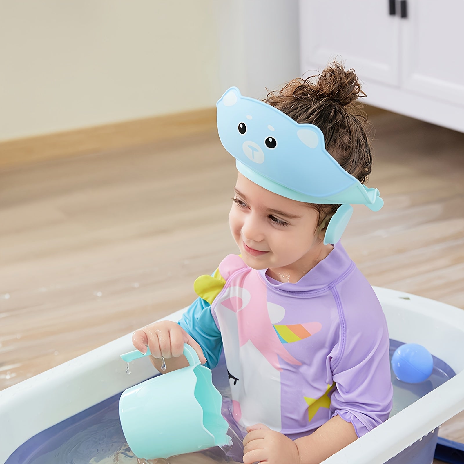 Touca de Banho Infantil Fofa com Estampa de Gato e Urso, Design de 3 Camadas e Sistema de Ventilação para as Orelhas - Cores Pastel Suaves (Rosa, Azul, Amarelo, Branco, Bege) - Touca de Banho para Bebê para Banheira, Spa e