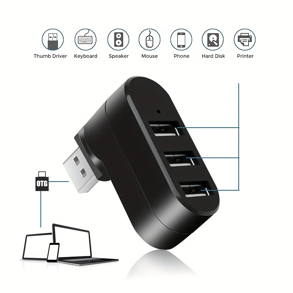 Hub USB giratório de alta qualidade para laptop e PC, mini adaptador com 3 portas