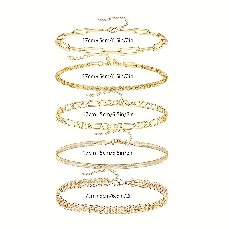Conjunto de 5 pulseiras femininas elegantes em estilo boêmio - cobre banhado a ouro 14K com detalhes em strass