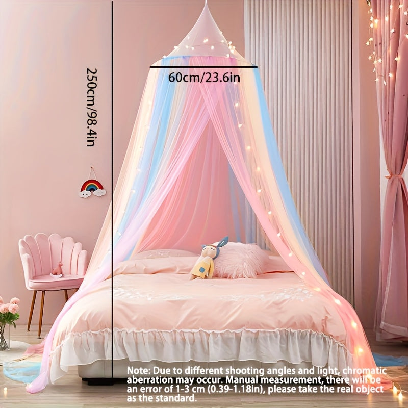 Mosquiteiro suspenso em formato de cúpula com gradiente de arco-íris colorido.