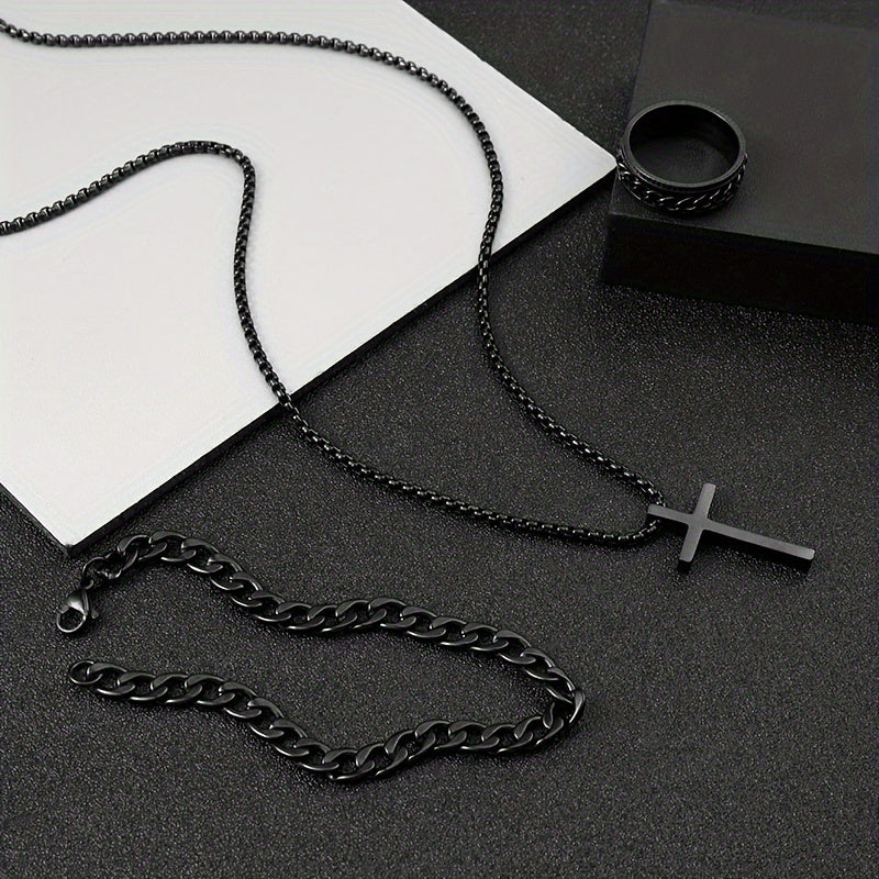 Conjunto de 3 peças de joias em aço inoxidável da série Dark, elegantes e versáteis, com cruzes