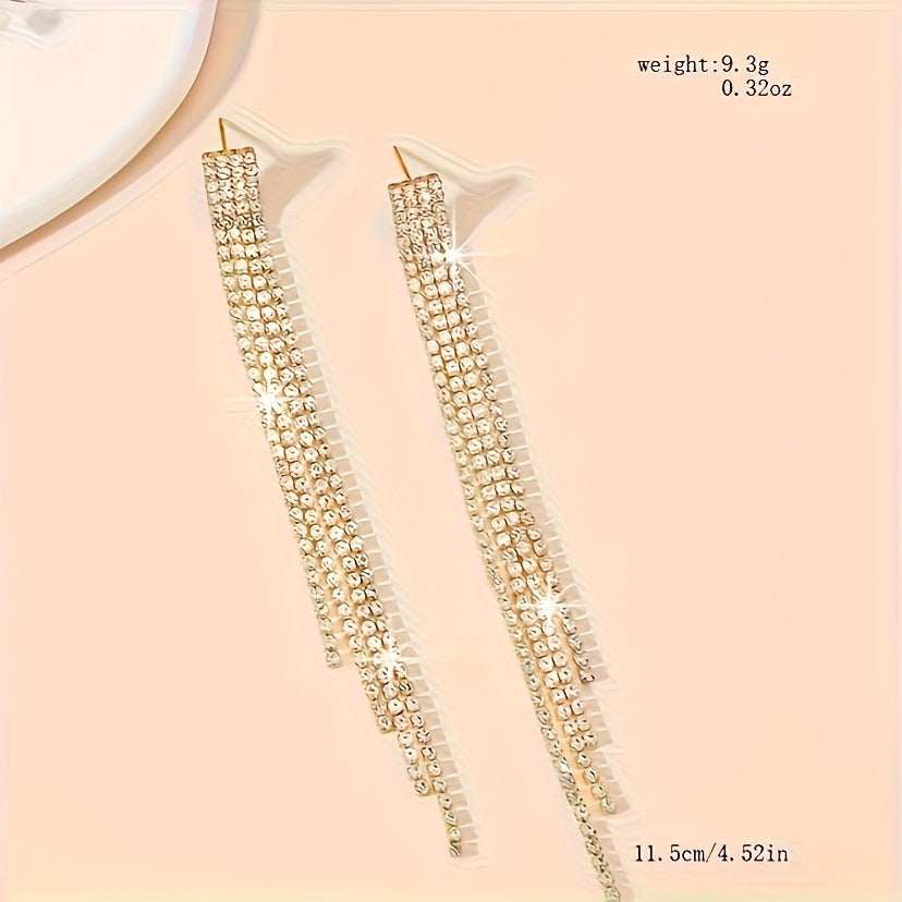 Brincos longos e elegantes com strass para mulheres - Joias marcantes em cascata, ideais para festas