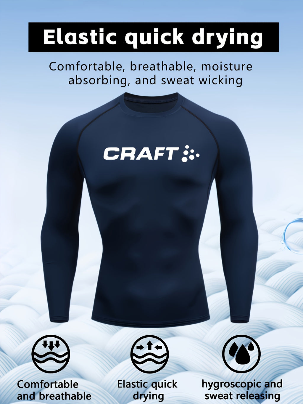 Camiseta de compressão masculina de manga comprida de alto desempenho CRAFT | Tecido de malha com gola redonda, secagem rápida, respirável e com absorção de umidade, ideal para fitness, corrida, boxe e uso casual. Leve e