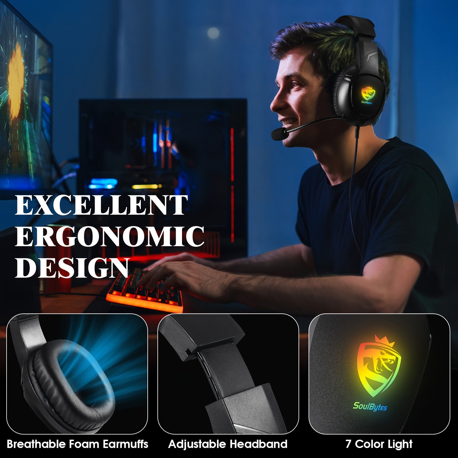 O headset gamer Soulbytes S20 Over-Ear possui um design com fio, controle de volume/mudo, luzes pulsantes em 7 cores e efeitos de som surround. É compatível com celulares, desktops e laptops, e pode ser usado com PS4, PS5 e