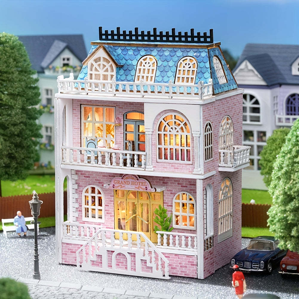 Casa de bonecas DIYMNHAUS com mobília - Modelo de madeira feito à mão, ideal para crianças e adolescentes,  casa em miniatura rosa para montar (sem cola/pilhas).