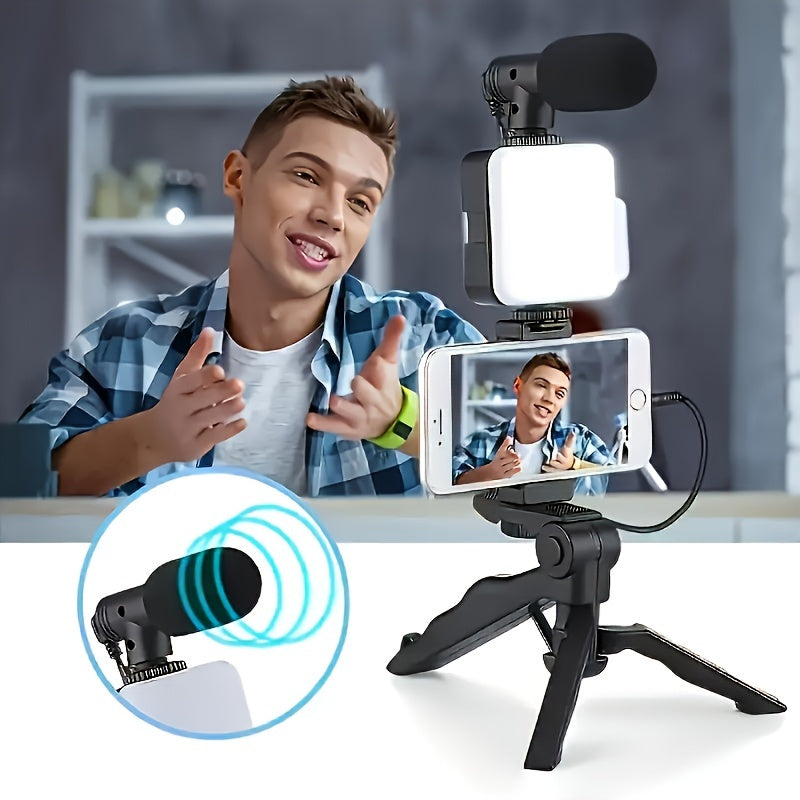 Kit portátil HOTU com LED para videoblog e suporte para smartphone, perfeito para transmissões ao vivo externas, videoconferências e vlogs.