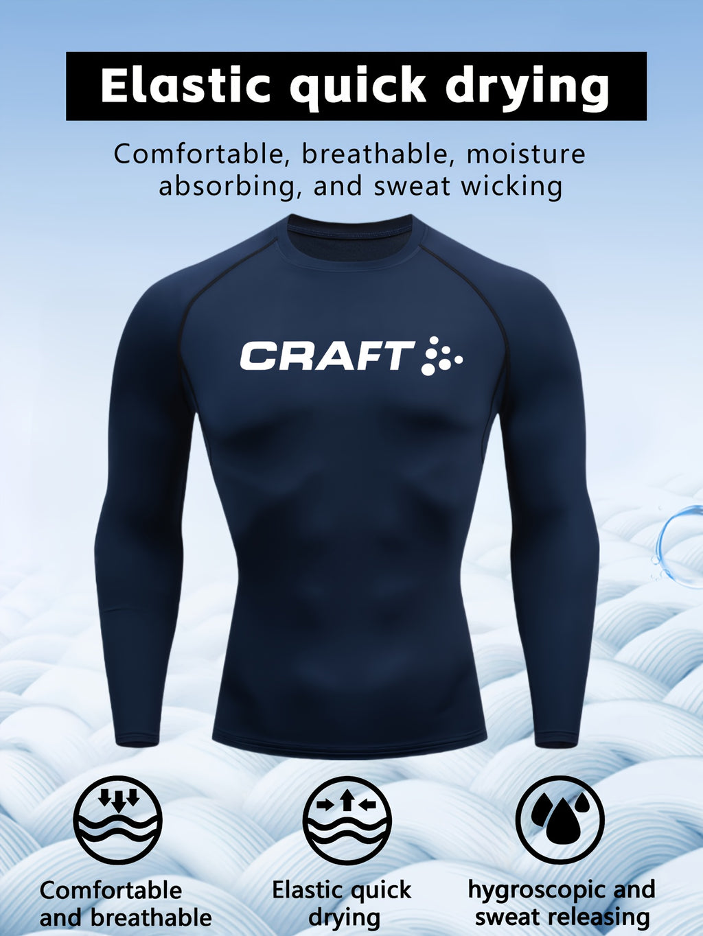 Camiseta de compressão masculina de manga comprida de alto desempenho CRAFT | Tecido de malha com gola redonda, secagem rápida, respirável e com absorção de umidade, ideal para fitness, corrida, boxe e uso casual. Leve e