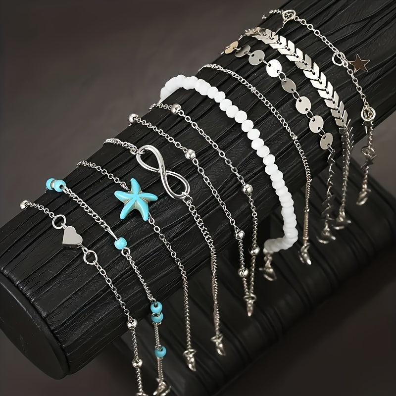Conjunto de 10 tornozeleiras de metal com pingente de estrela-do-mar em estilo boêmio