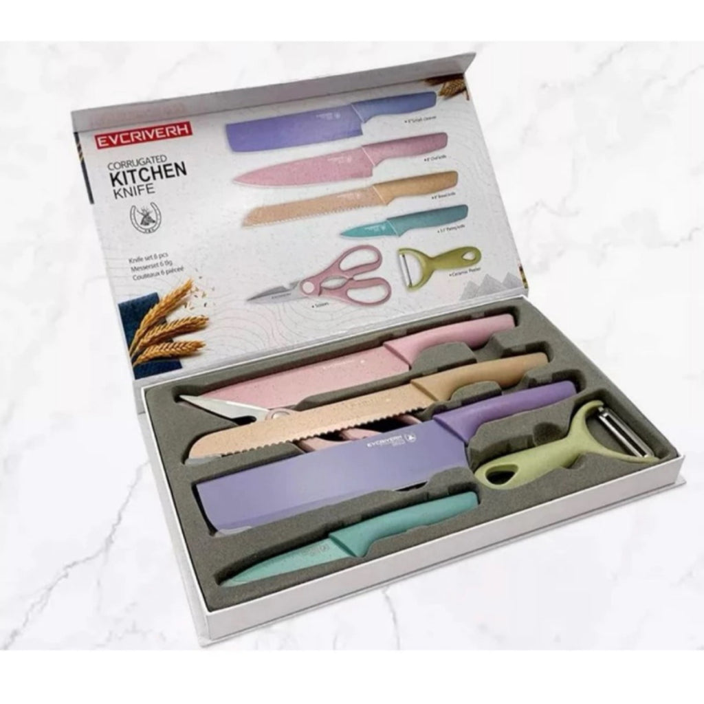 Conjunto de 6 peças para churrasco: facas para carne e legumes, descascador e tesoura profissional.