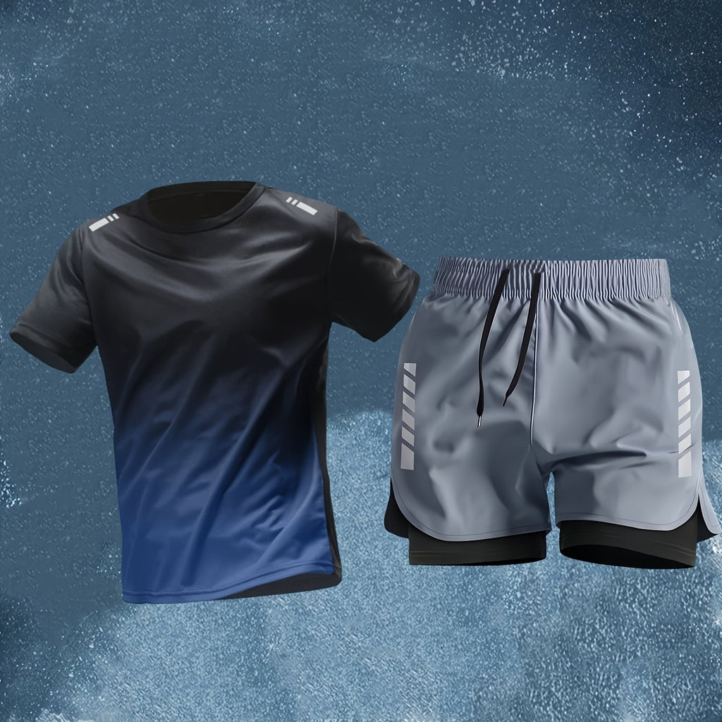 Conjunto Esportivo Masculino 2 Peças – Camiseta de Manga Curta + Bermuda Justa de Camada Dupla