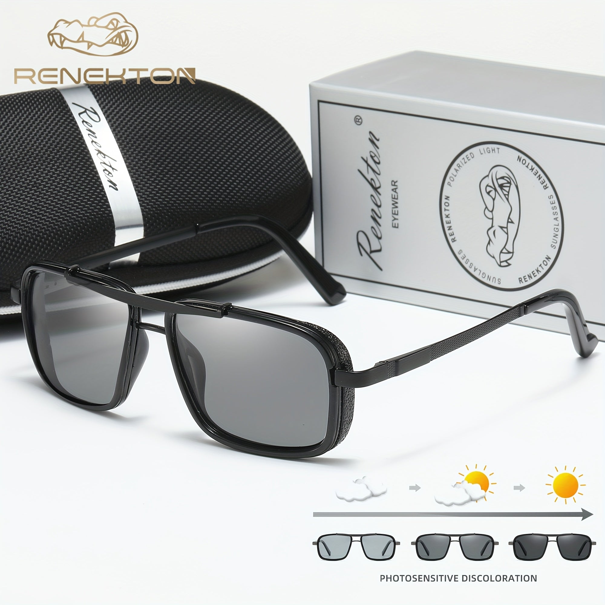 Óculos de Sol Masculinos RENEKTON com Lentes Polarizadas - Armação Quadrada - Aço Inoxidável, Lentes TAC - Inclui Estojo Preto Elegante, Renekton