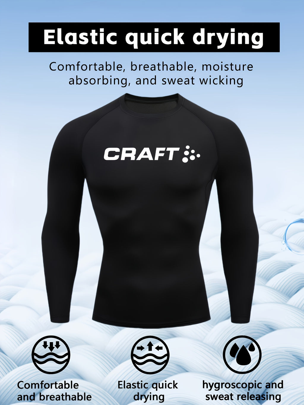 Camiseta de compressão masculina de manga comprida de alto desempenho CRAFT | Tecido de malha com gola redonda, secagem rápida, respirável e com absorção de umidade, ideal para fitness, corrida, boxe e uso casual. Leve e