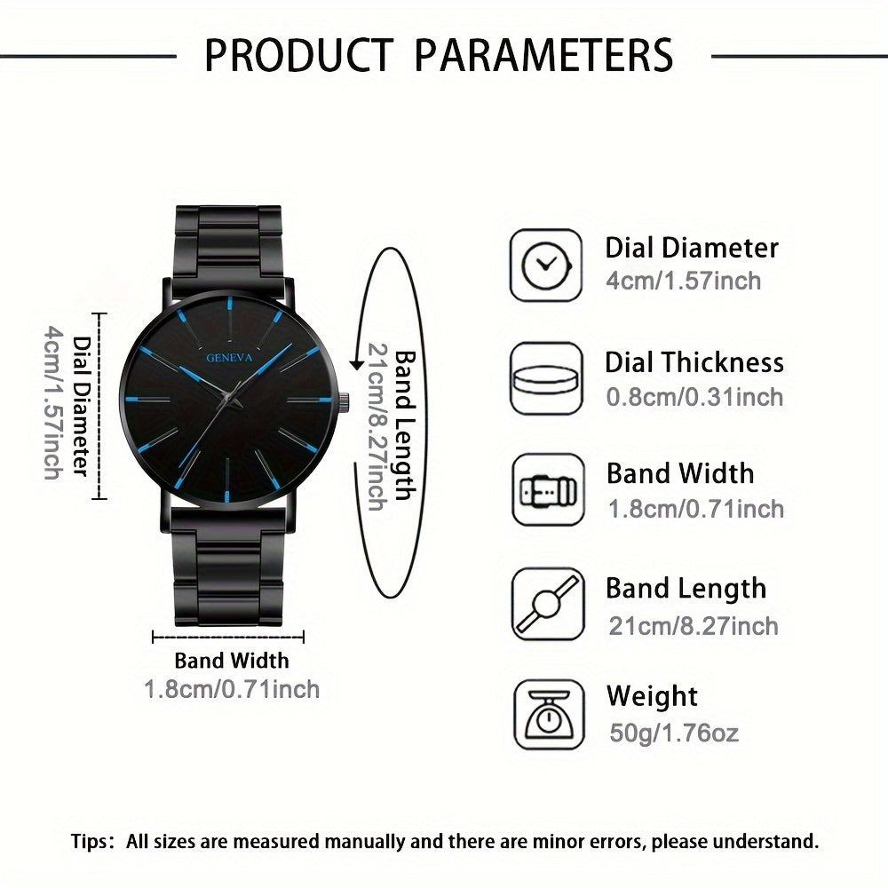 Conjunto de 2 peças: Relógio de pulso masculino elegante e preciso com pulseira de quartzo, mostrador redondo com escala e ponteiros azuis, acionamento eletrônico, bateria tipo botão não recarregável