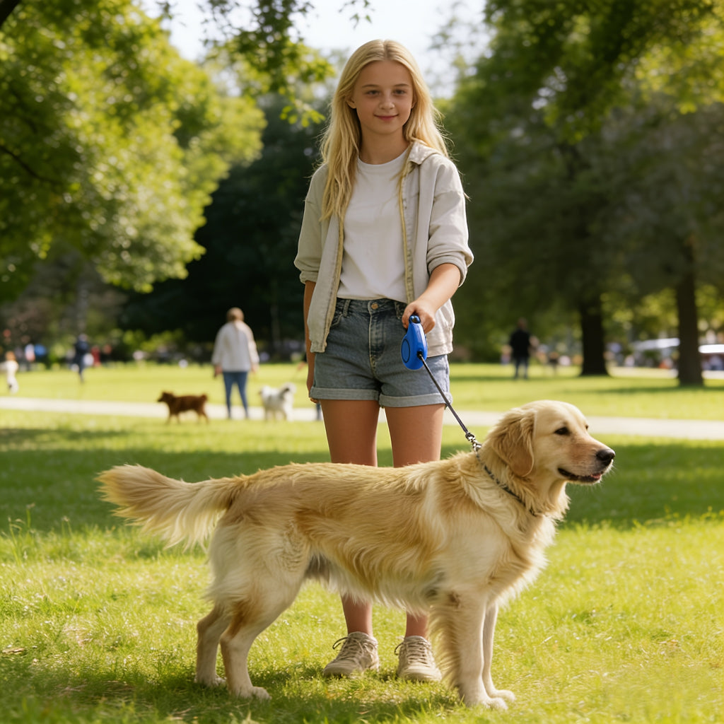 Guia retrátil automática para cães com estampa de bolinhas - Guia autorretrátil adequada para filhotes e cães, lavável na máquina - Ideal para passeios, treinamento e aventuras ao ar livre.