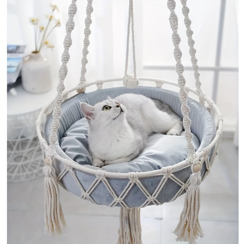 Cama suspensa para gatos, cesta de rede de corda trançada, berço confortável para animais de estimação, ideal para gatos de interior.