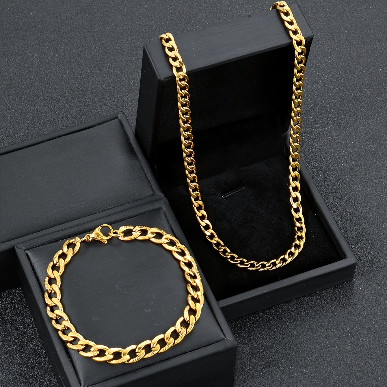 Conjunto de joias masculinas em aço inoxidável, corrente cubana de 50 cm, pulseira com relevo