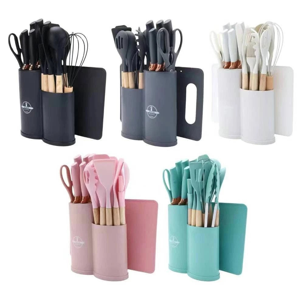 Jogo completo de utensílios de cozinha de luxo com 19 peças, incluindo tabuleiro de silicone, espátula, faca e tesoura.