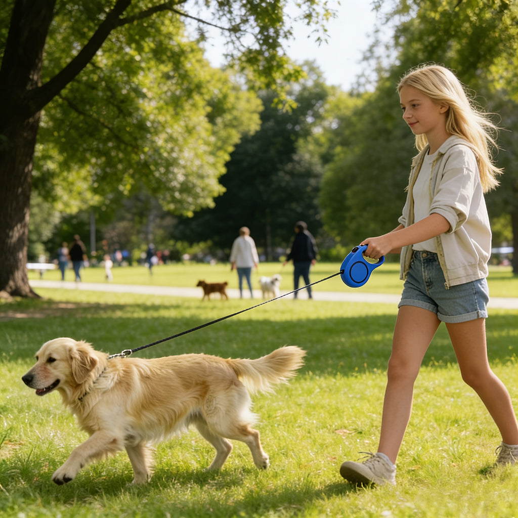 Guia retrátil automática para cães com estampa de bolinhas - Guia autorretrátil adequada para filhotes e cães, lavável na máquina - Ideal para passeios, treinamento e aventuras ao ar livre.