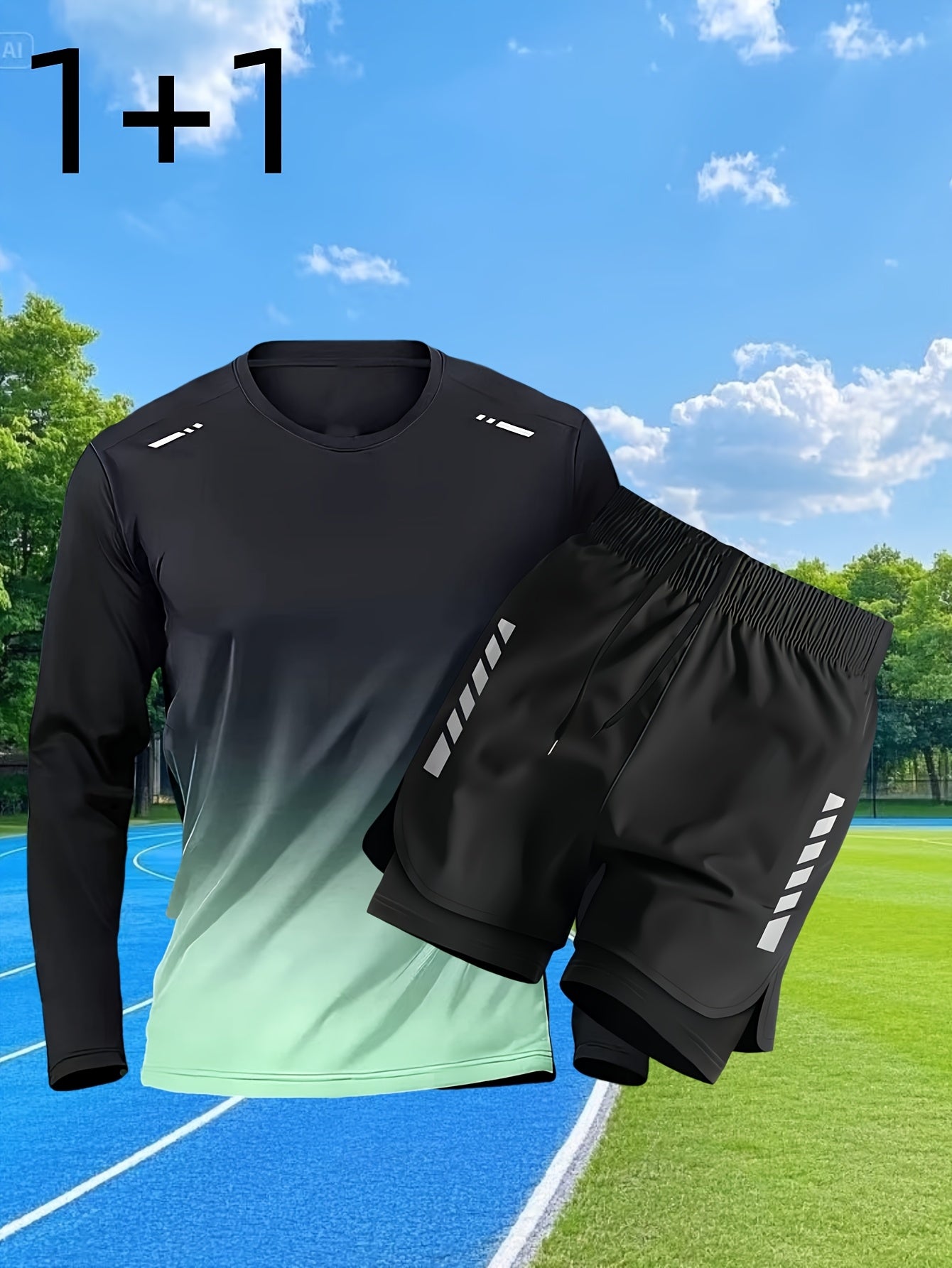 Conjunto Esportivo Masculino 2 Peças – Blusa de Manga Comprida + Shorts Justos de Camada Dupla