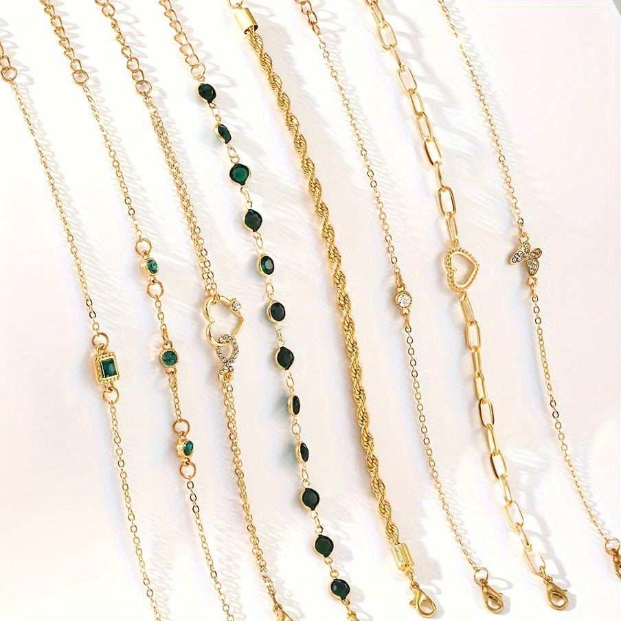 Conjunto de 8 pulseiras femininas da moda com designs de coração e geométricos, joias em camadas para um estilo elegante e único