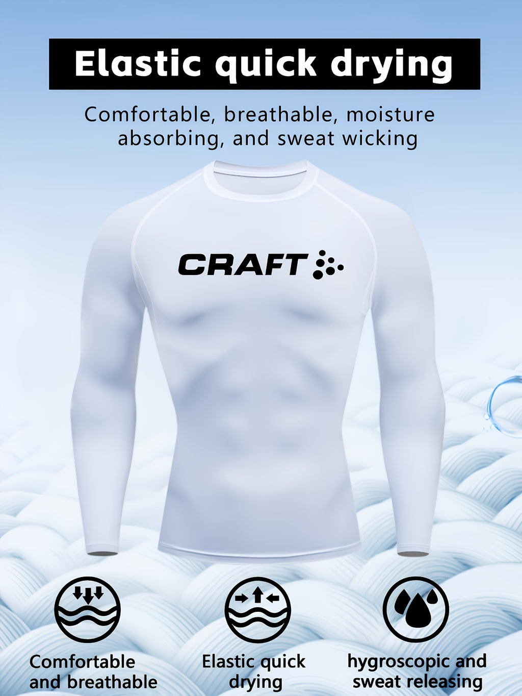 Camiseta de compressão masculina de manga comprida de alto desempenho CRAFT | Tecido de malha com gola redonda, secagem rápida, respirável e com absorção de umidade, ideal para fitness, corrida, boxe e uso casual. Leve e