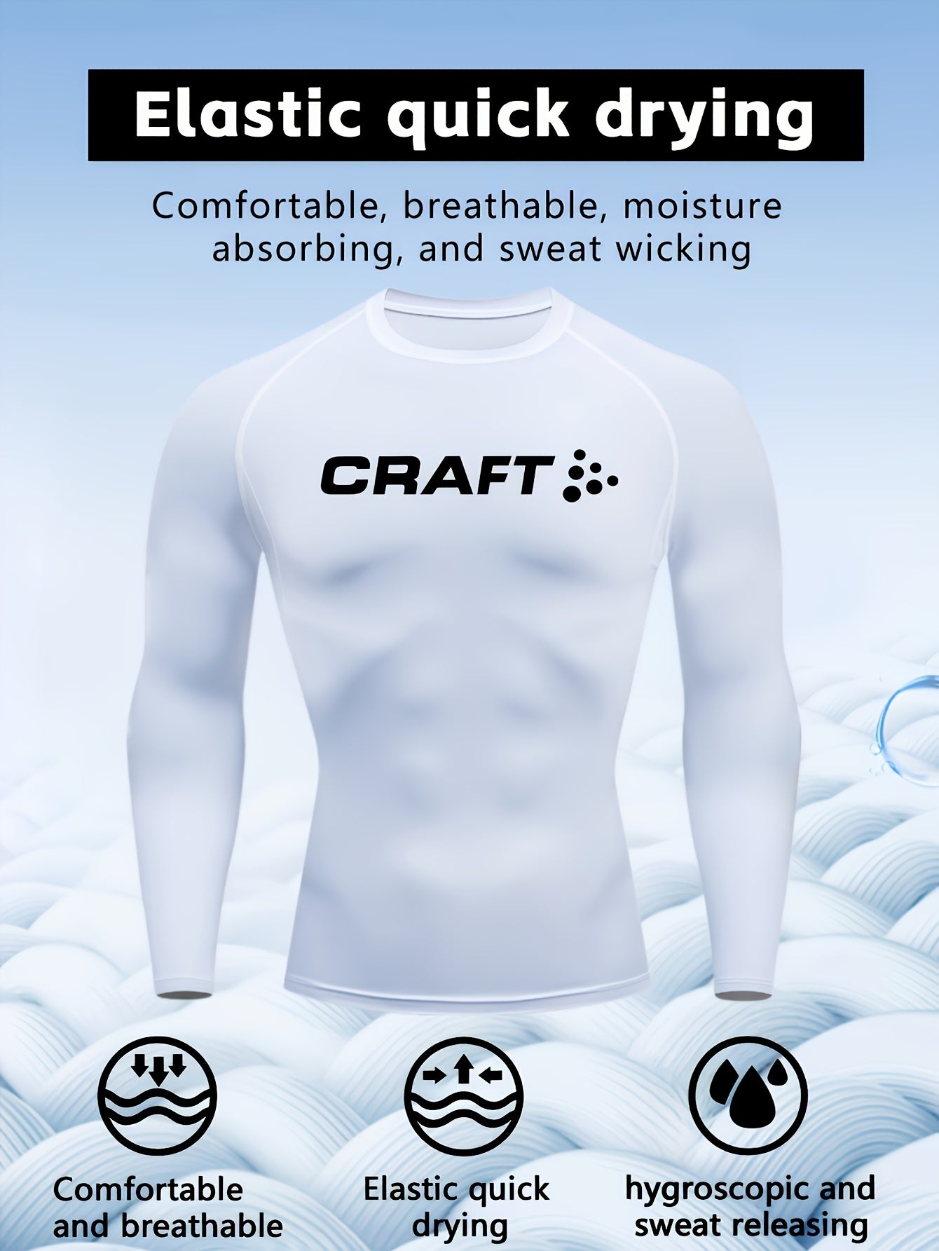 Camiseta de compressão masculina de manga comprida de alto desempenho CRAFT | Tecido de malha com gola redonda, secagem rápida, respirável e com absorção de umidade, ideal para fitness, corrida, boxe e uso casual. Leve e