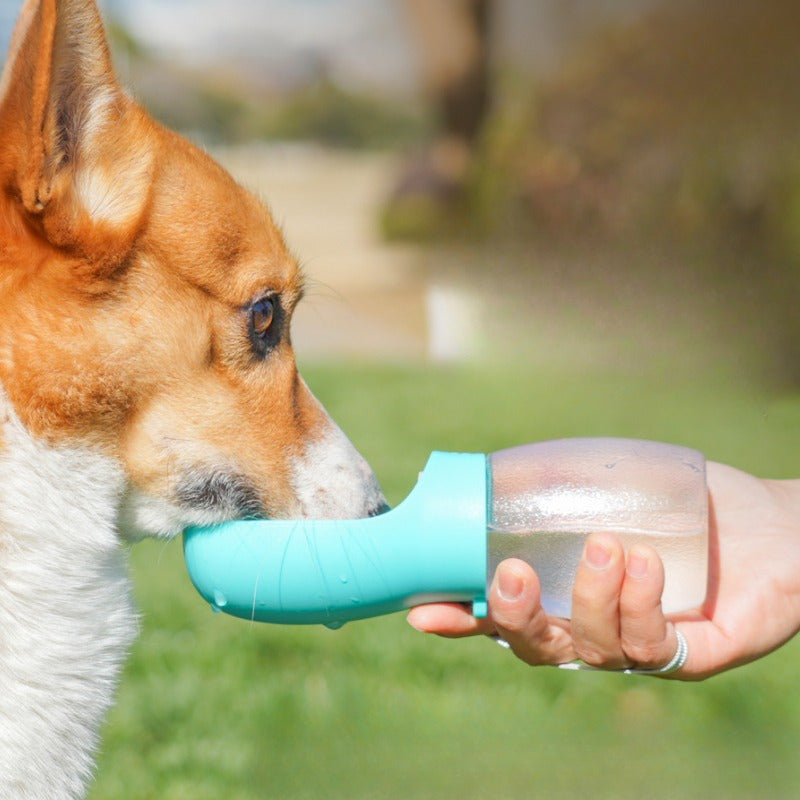 Garrafa de água portátil para cães e gatos, ideal para hidratação ao ar livre.