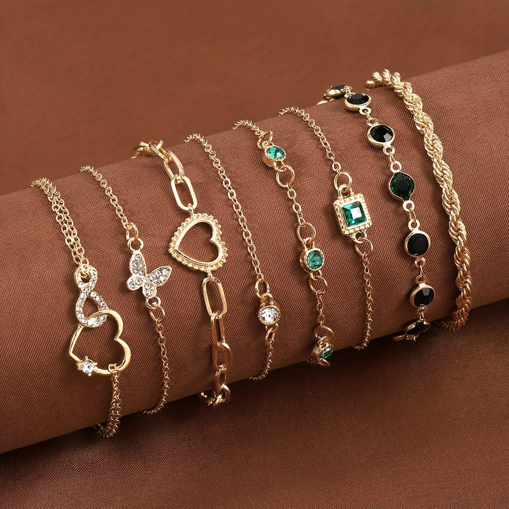 Conjunto de 8 pulseiras femininas da moda com designs de coração e geométricos, joias em camadas para um estilo elegante e único