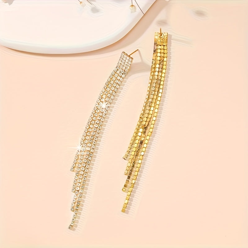 Brincos longos e elegantes com strass para mulheres - Joias marcantes em cascata, ideais para festas