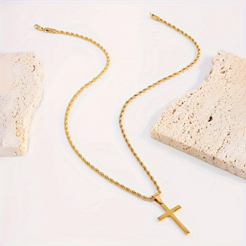 Colar com pingente de cruz em aço inoxidável banhado a ouro 8K, corrente de corda elegante, acessório de joalheria religiosa unissex