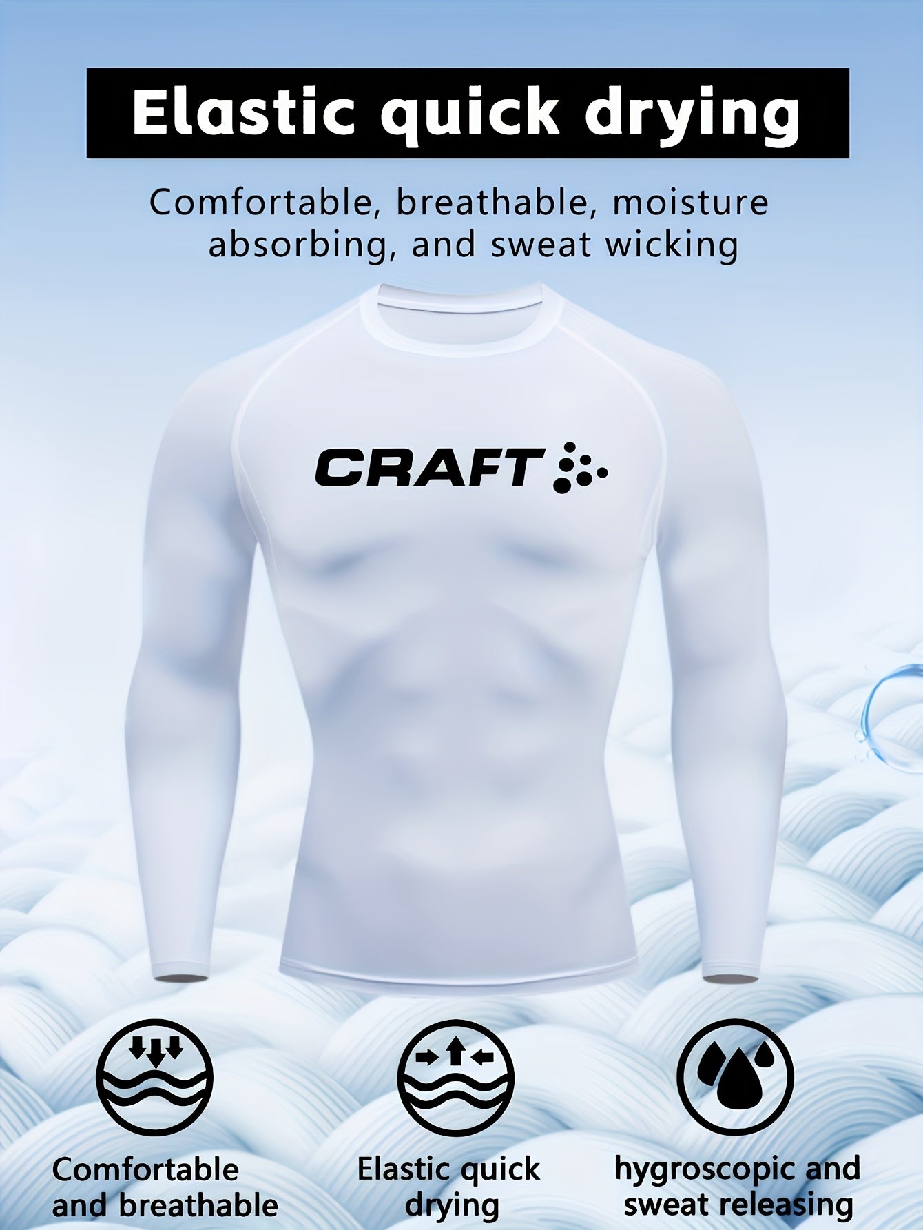 Camiseta de compressão masculina de manga comprida de alto desempenho CRAFT | Tecido de malha com gola redonda, secagem rápida, respirável e com absorção de umidade, ideal para fitness, corrida, boxe e uso casual. Leve e